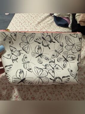 Butterfly Print Zip Cosmetic Pouch with Pink Trim